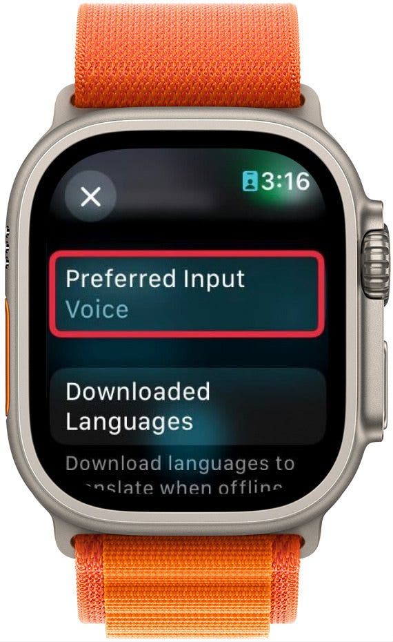 apple watch translate app settings with a red box around preferred input