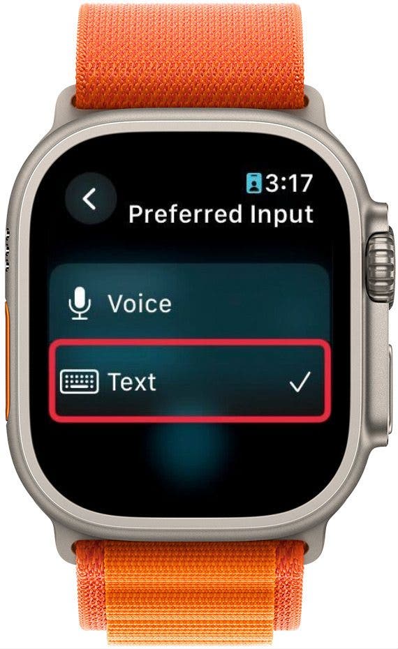 apple watch translate app preferred input settings with a red box around text button