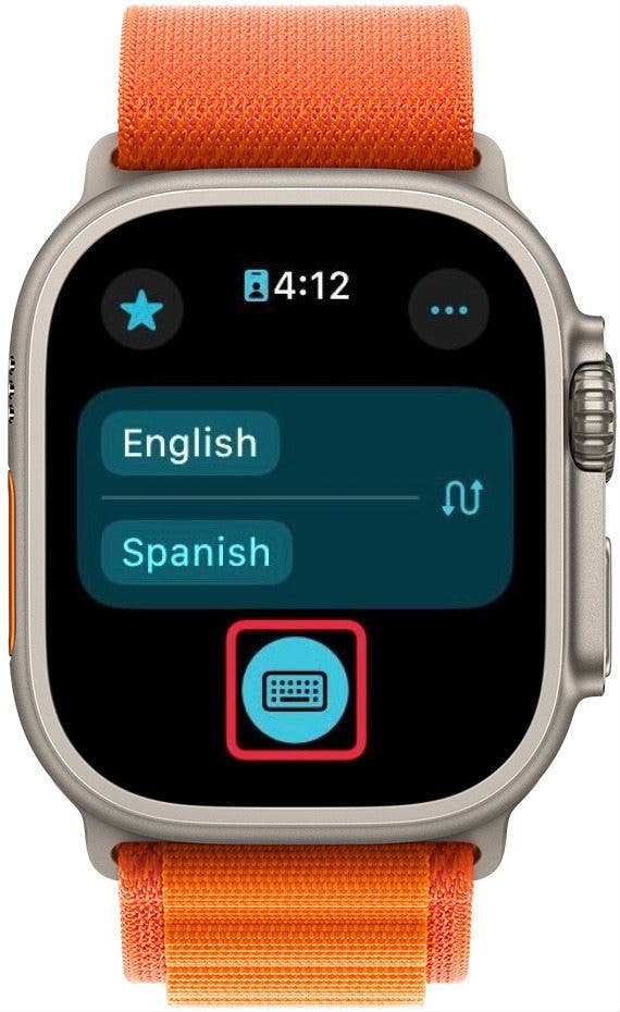 apple watch translate app with a red box around keyboard button