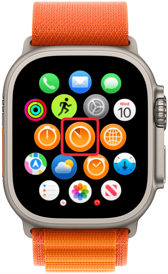 Tap the Timer app. It looks similar to the Apple Watch Stopwatch app.