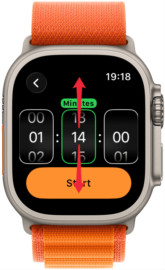 Swipe up and down or turn the Digital Crown to adjust the time.