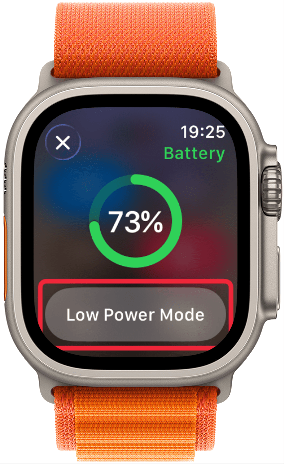 When you tap the battery percentage, you can see a circular battery meter with the percentage in the middle. You can also enable Low Power Mode on your Apple Watch from this screen.
