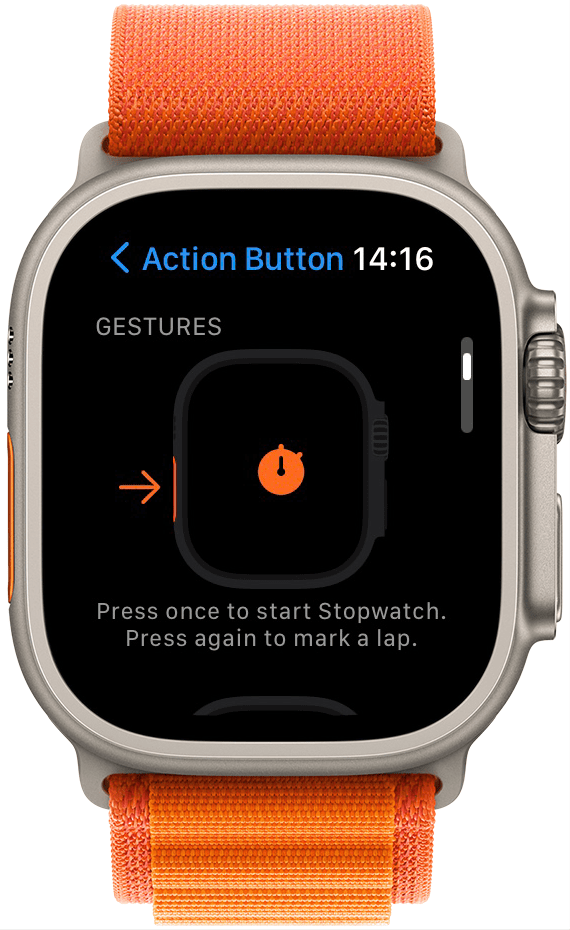 Stopwatch is a great option to pick from the Action Button menu.