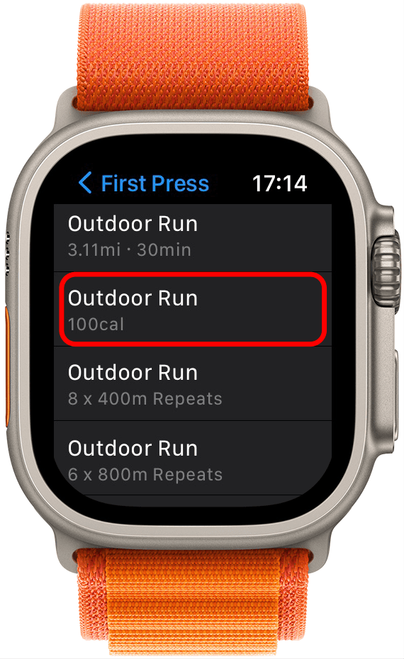 With this selected, pressing the Action Button twice will start the workout, and I'll get an alert once I've reached my goal of burning 100 active calories