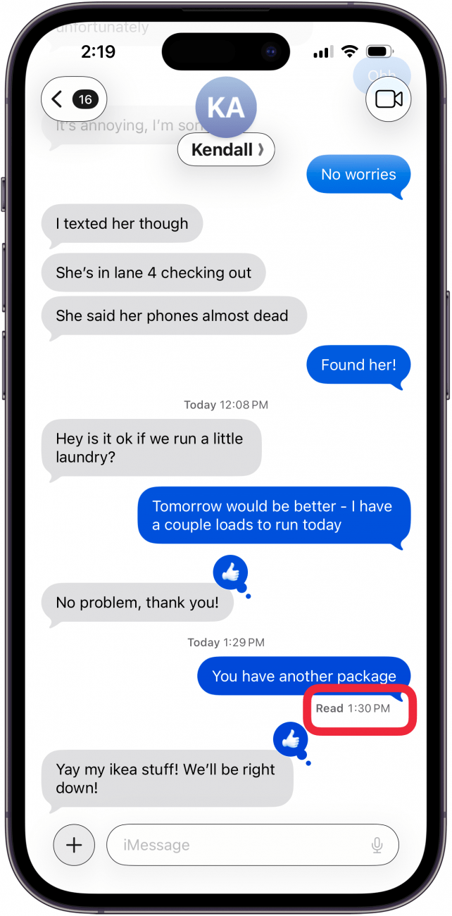 a read receipt under a sent message on iphone
