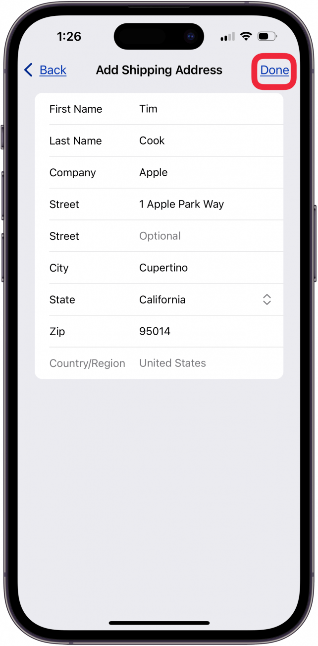add address to apple id settings and tap done
