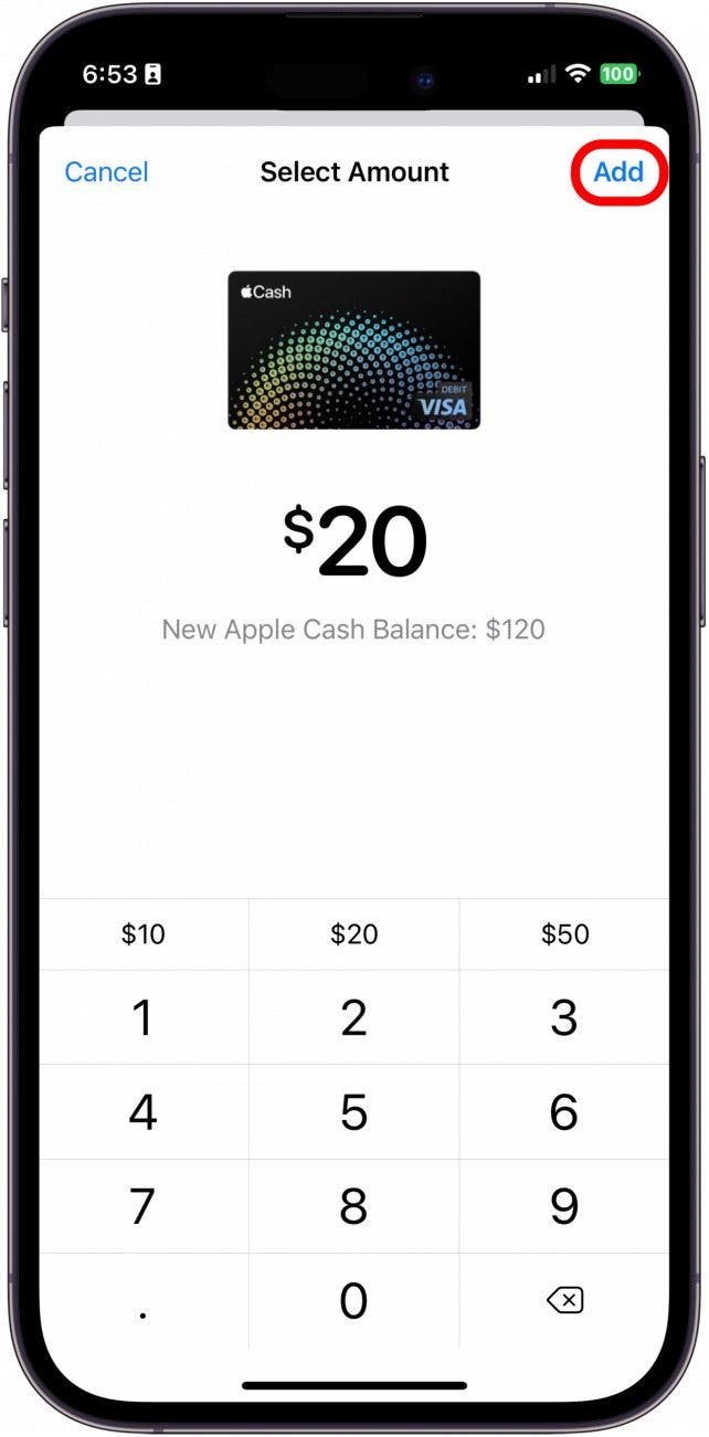 Enter the desired amount you wish to put on your card. Do be aware that there is a minimum of 0. Then, tap Add.
