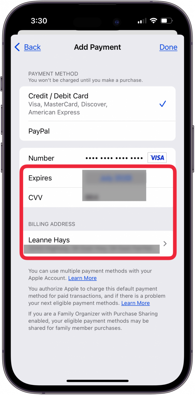 add expiration, cvv, and make sure address is correct