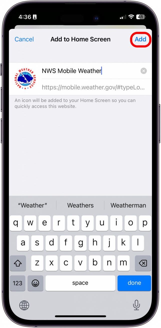 From here, you can edit the name that will appear under the icon. When you're done, tap Add.