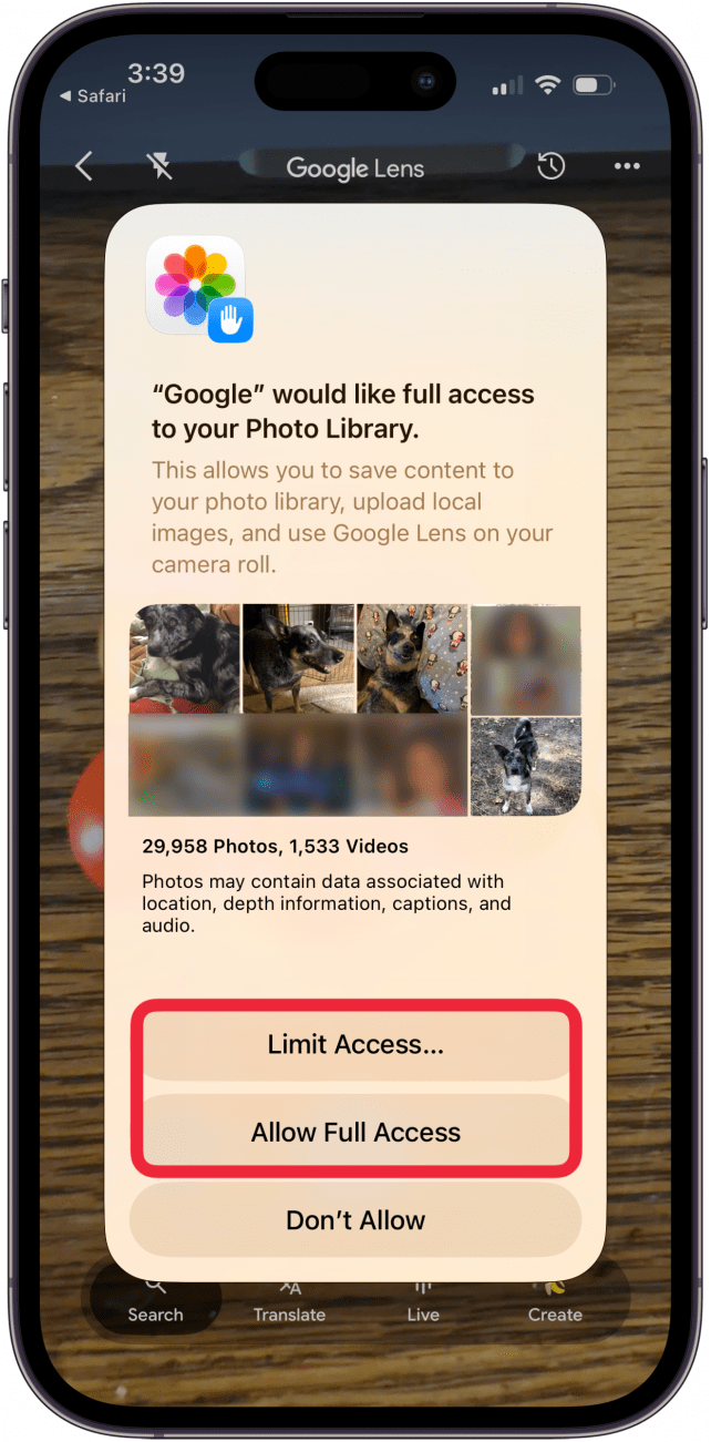 allow google lens to access photos