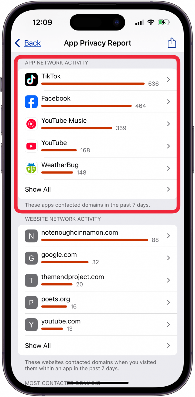 app network activity in app privacy report iphone