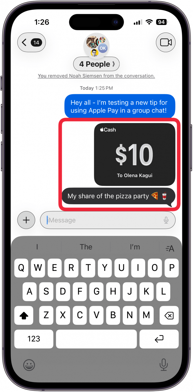 apple cash shows in group text