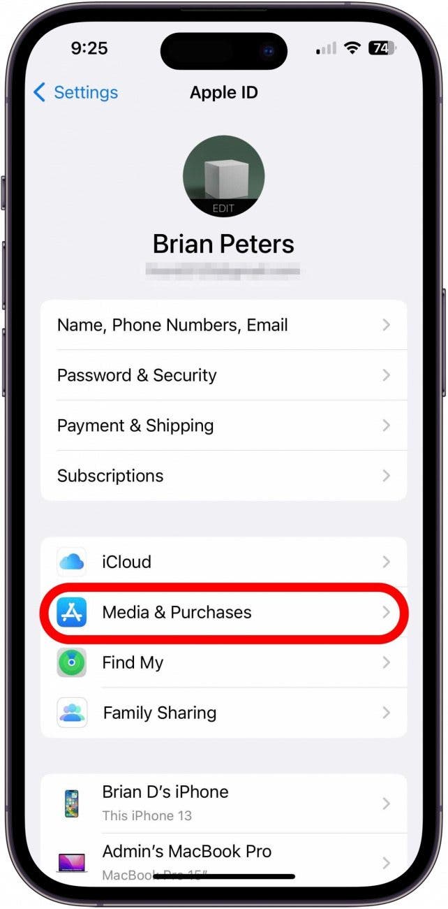Settings app in Apple ID screen with Media & Purchases marked.