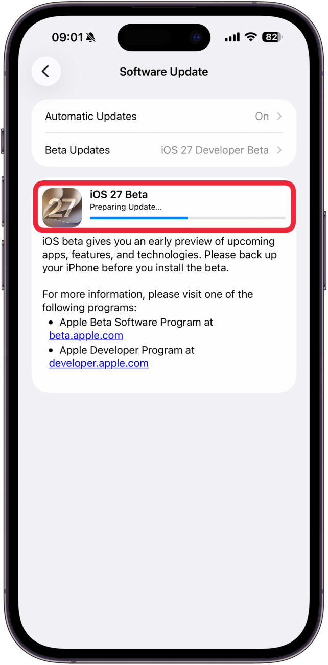 blue bar shows preparing update