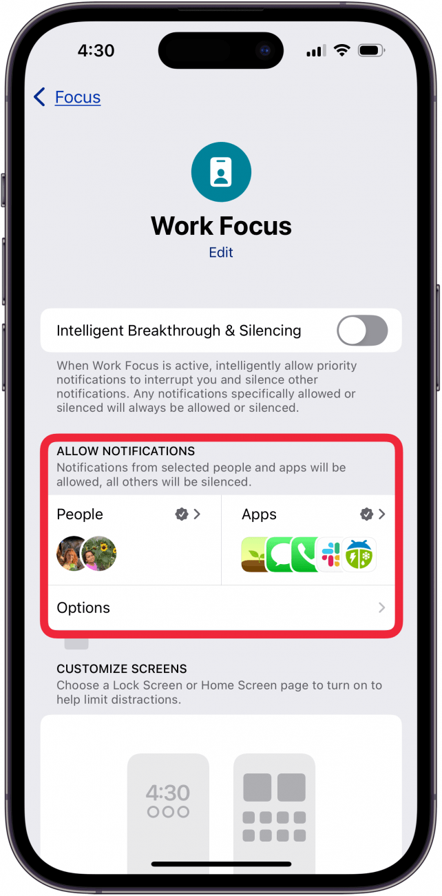 check allow notifications settings in focus mode
