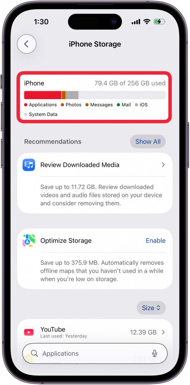 check iphone storage