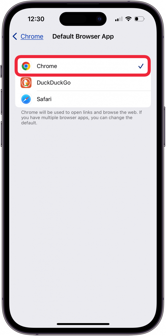 check mark next to new default browser iphone