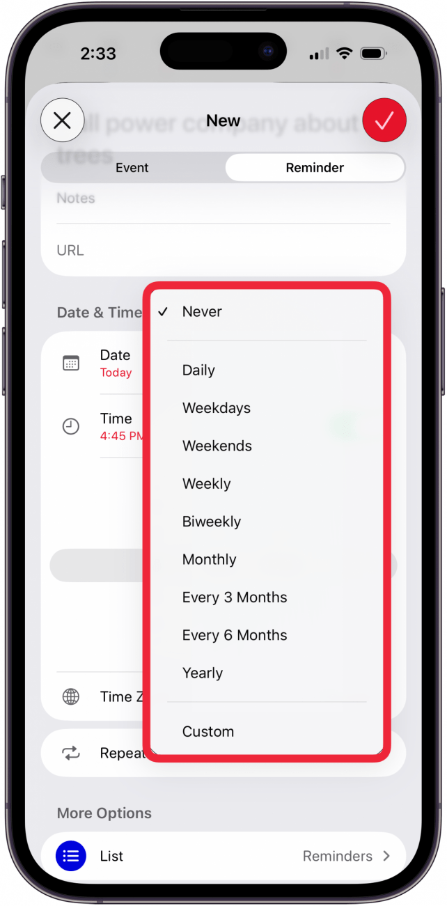 choose a repeat time for reminder