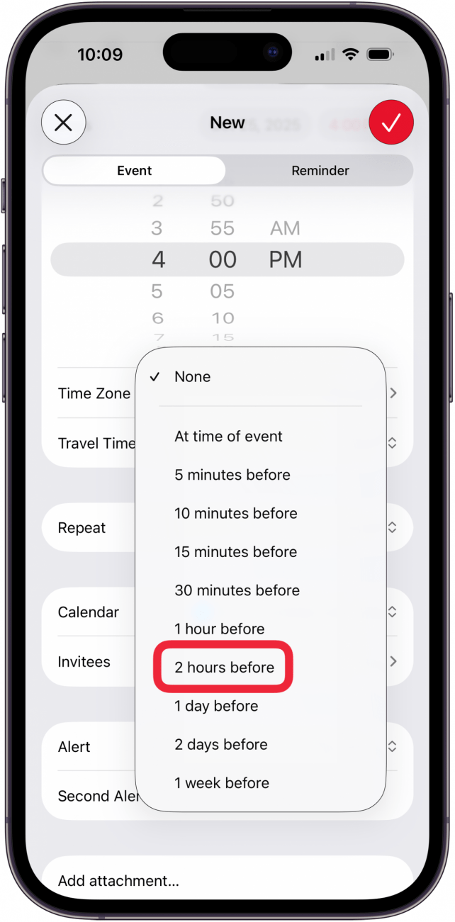 choose alert and second alert for calendar event