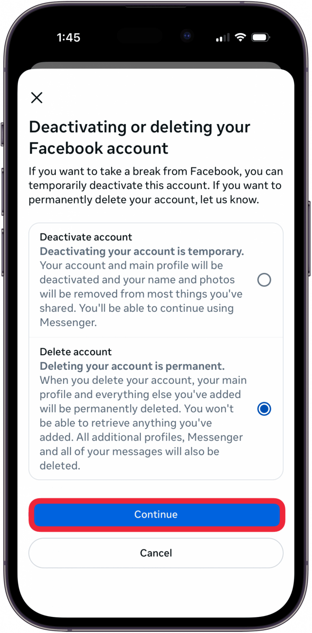 choose delete account and tap continue choose delete account and tap continue