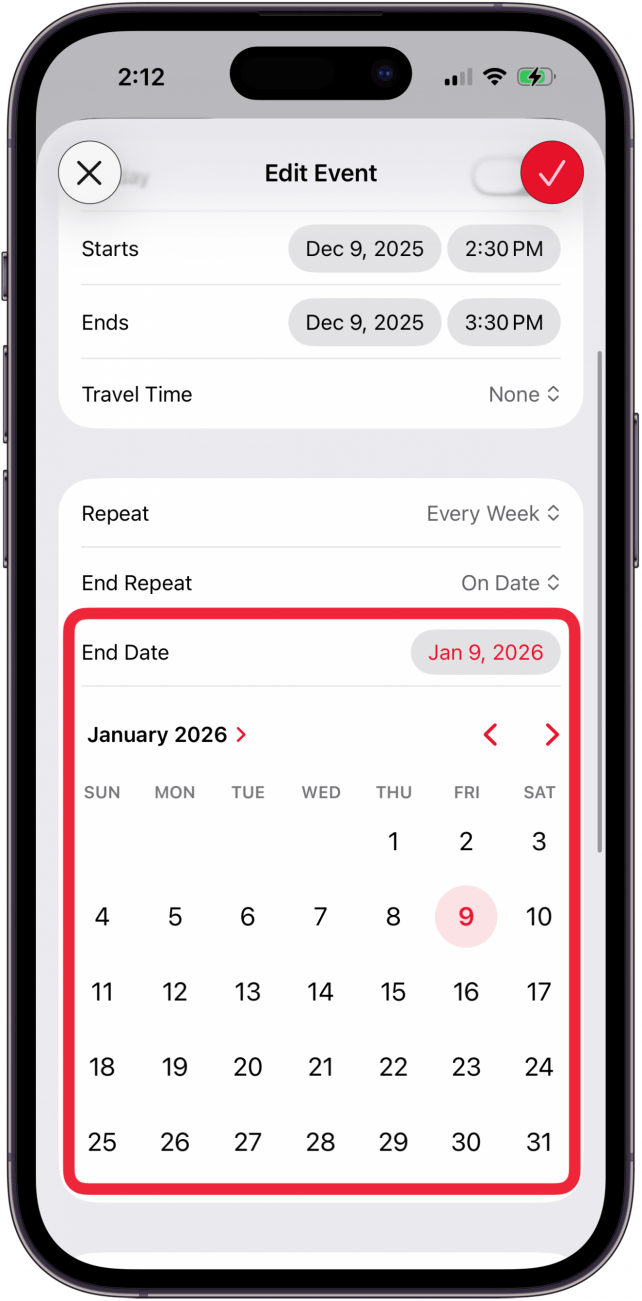 choose end date for recurring event