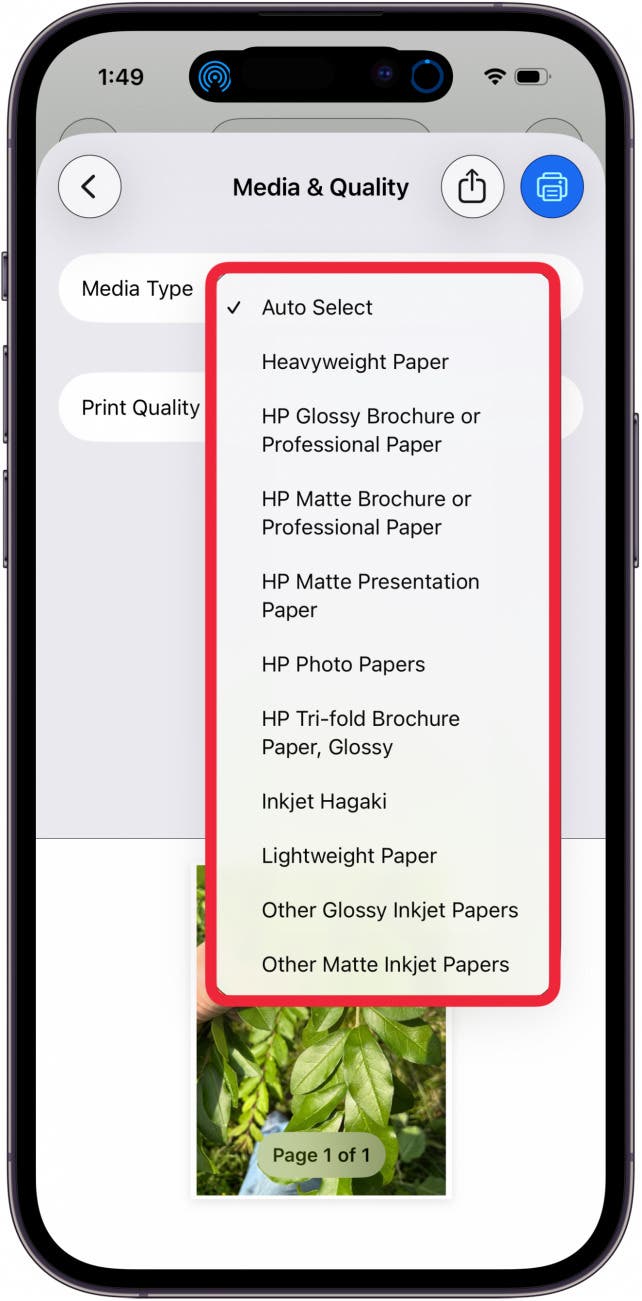 choose paper type to print iphone photo