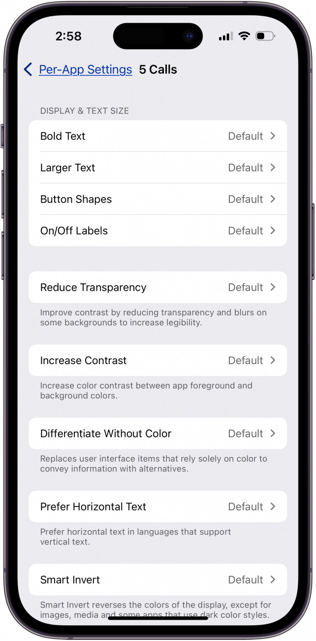 choose per app settings on iphone