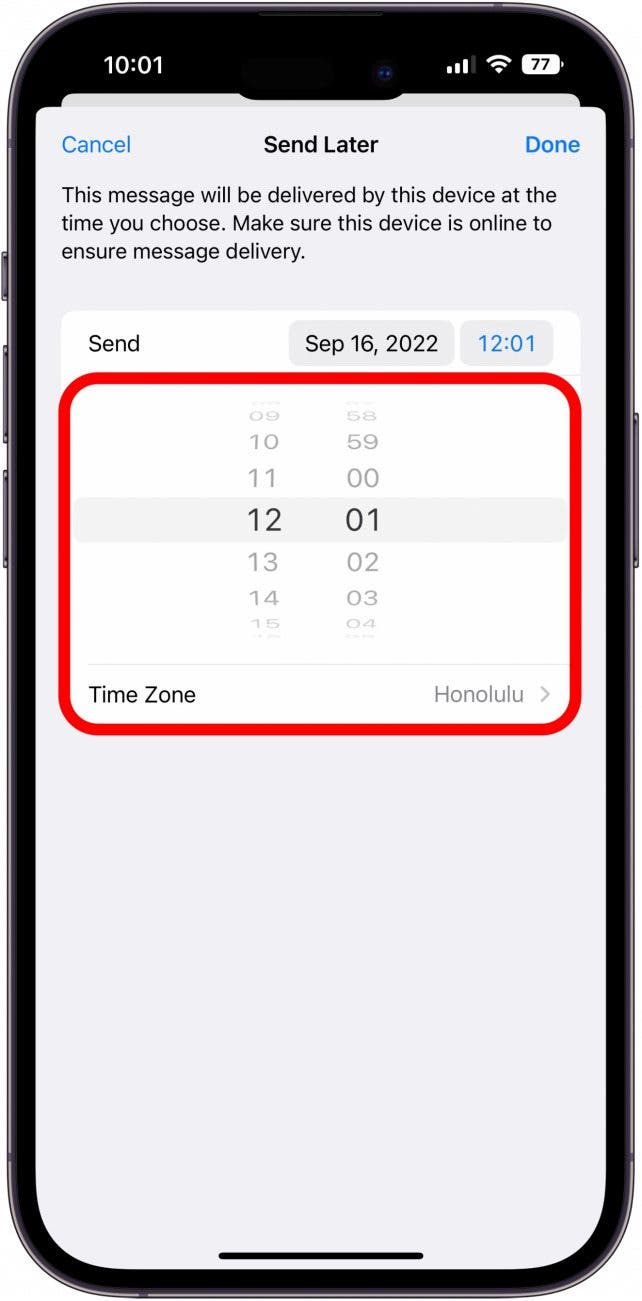 Tap the time to select the time, and time zone.