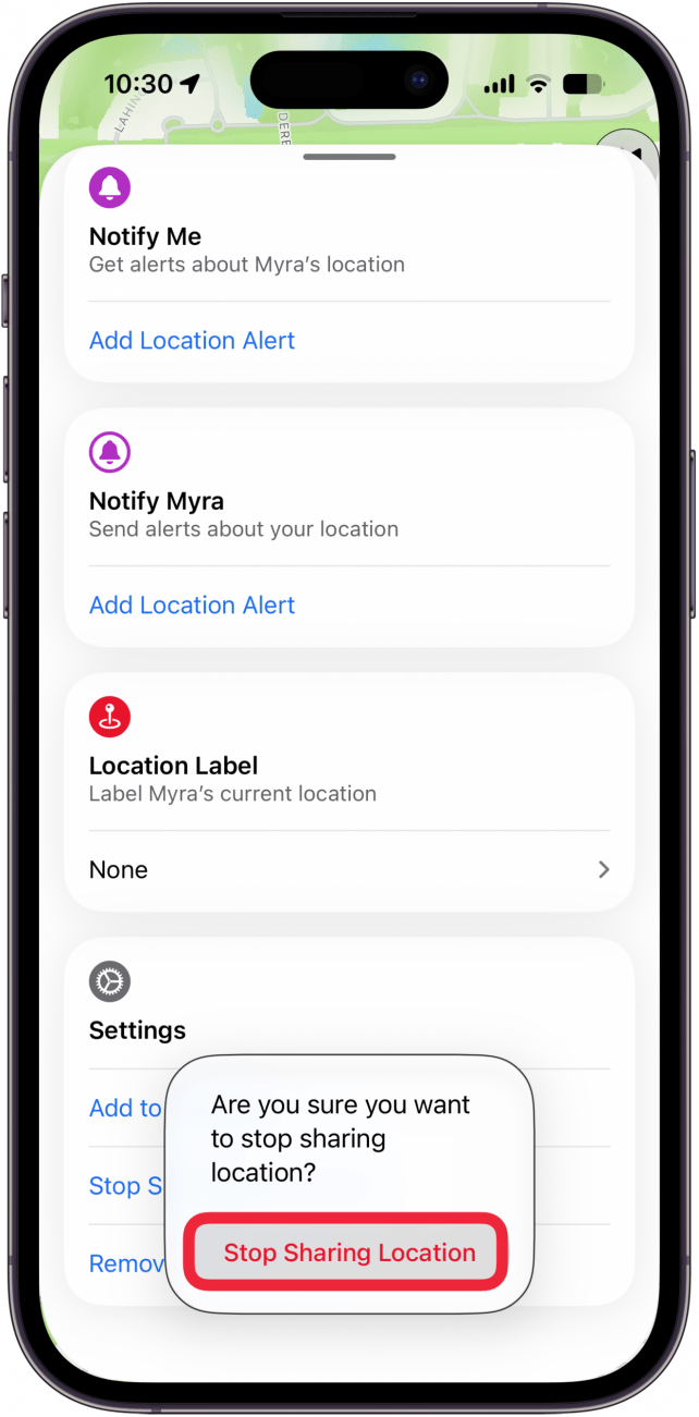 confirm stop sharing location