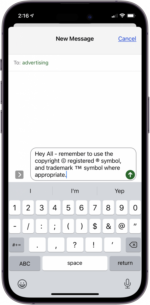 copyright, registered, and trademark iphone symbols