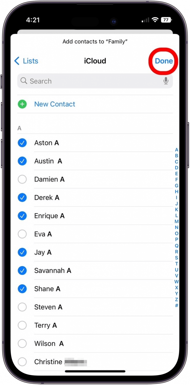 Tap Done to save the contacts to your new email list.