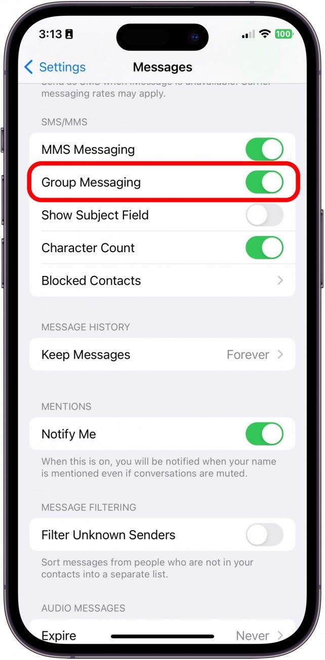 In SMS/MMS attiva la messaggistica del gruppo
