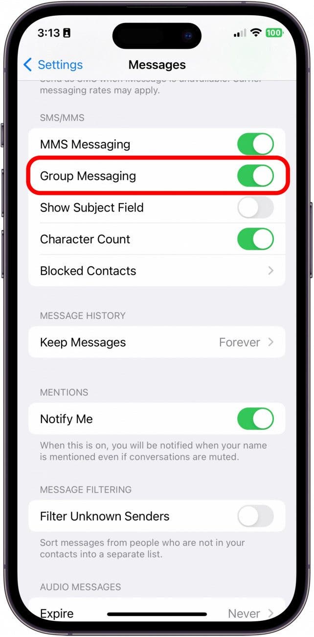 SMS/MMSの下でグループメッセージングをトグルします。