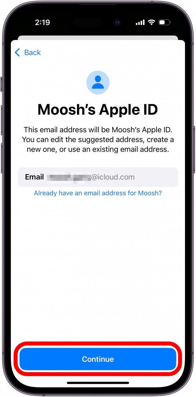 create icloud email for child