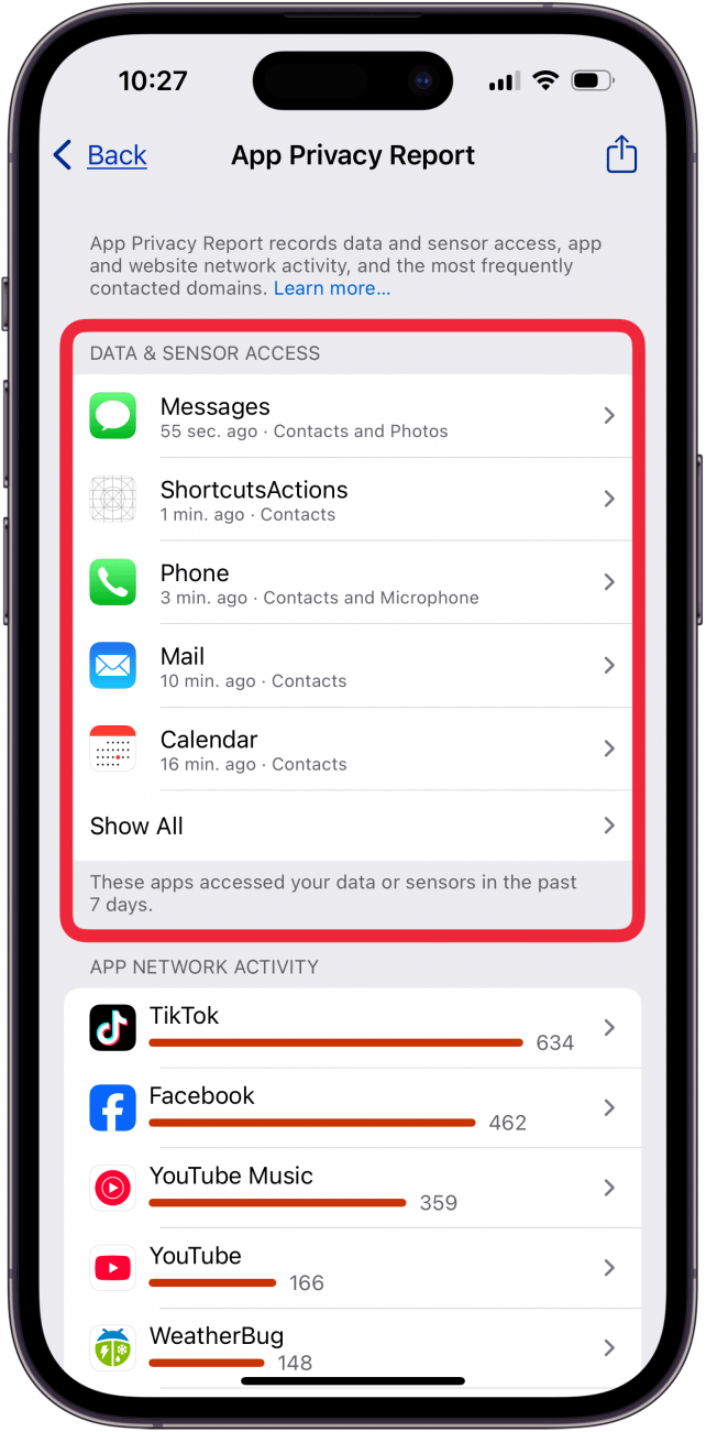 data and sensor access in app privacy report