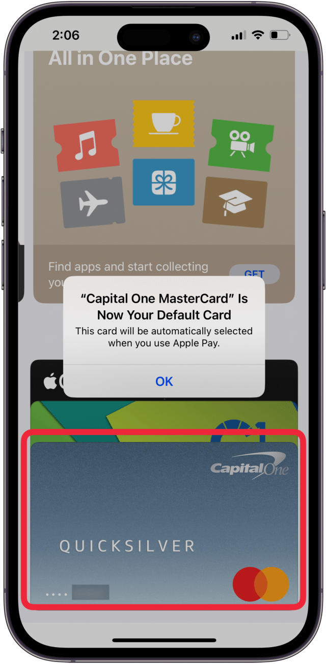 drag default card to front of stack to change apple pay default card.PNG