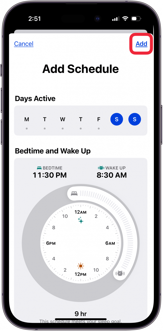 edit second sleep schedule and tap add