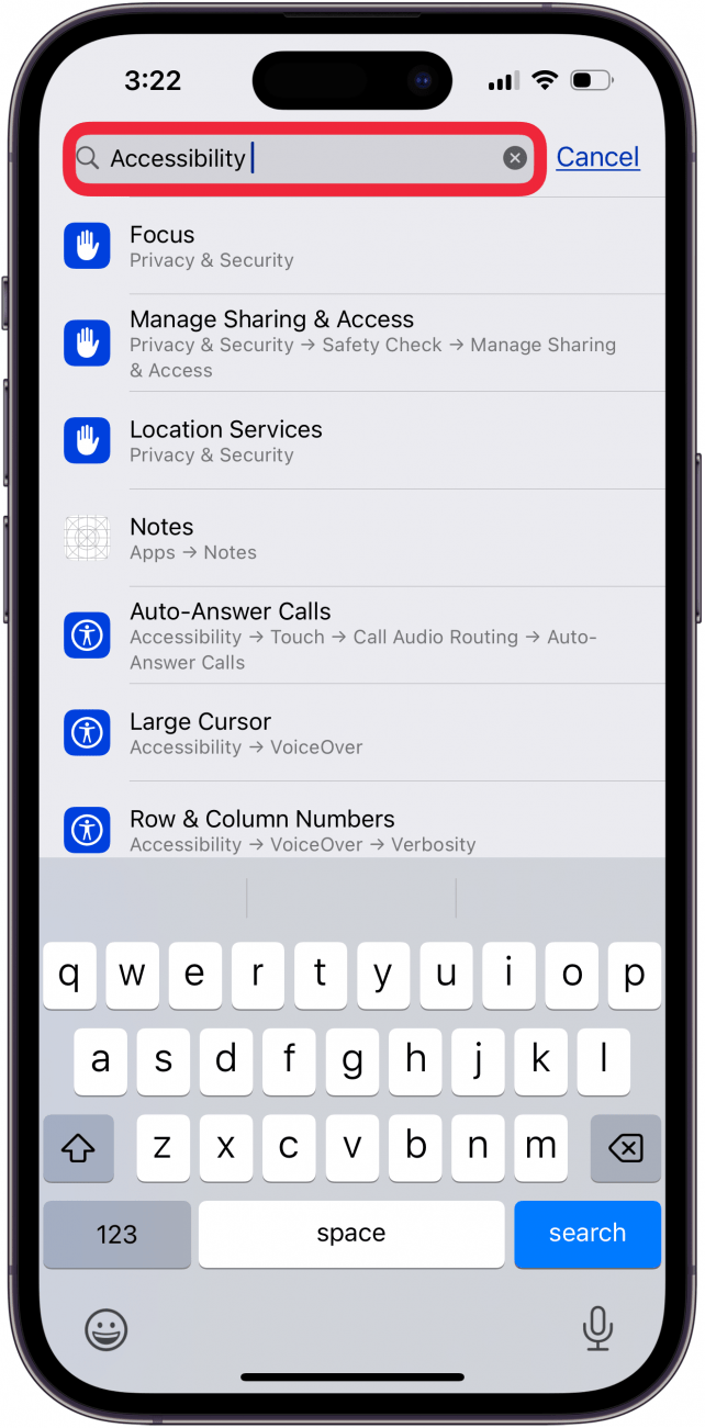 enter a topic in search bar to find all related settings