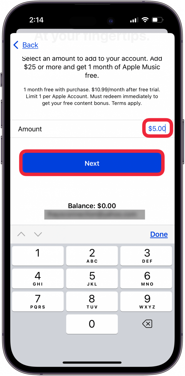 enter an amount and tap next