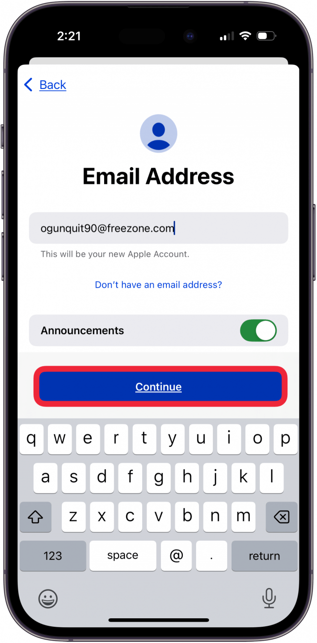 enter email address and tap continue