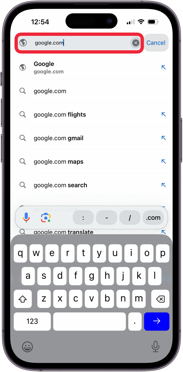 enter google.com in the search bar