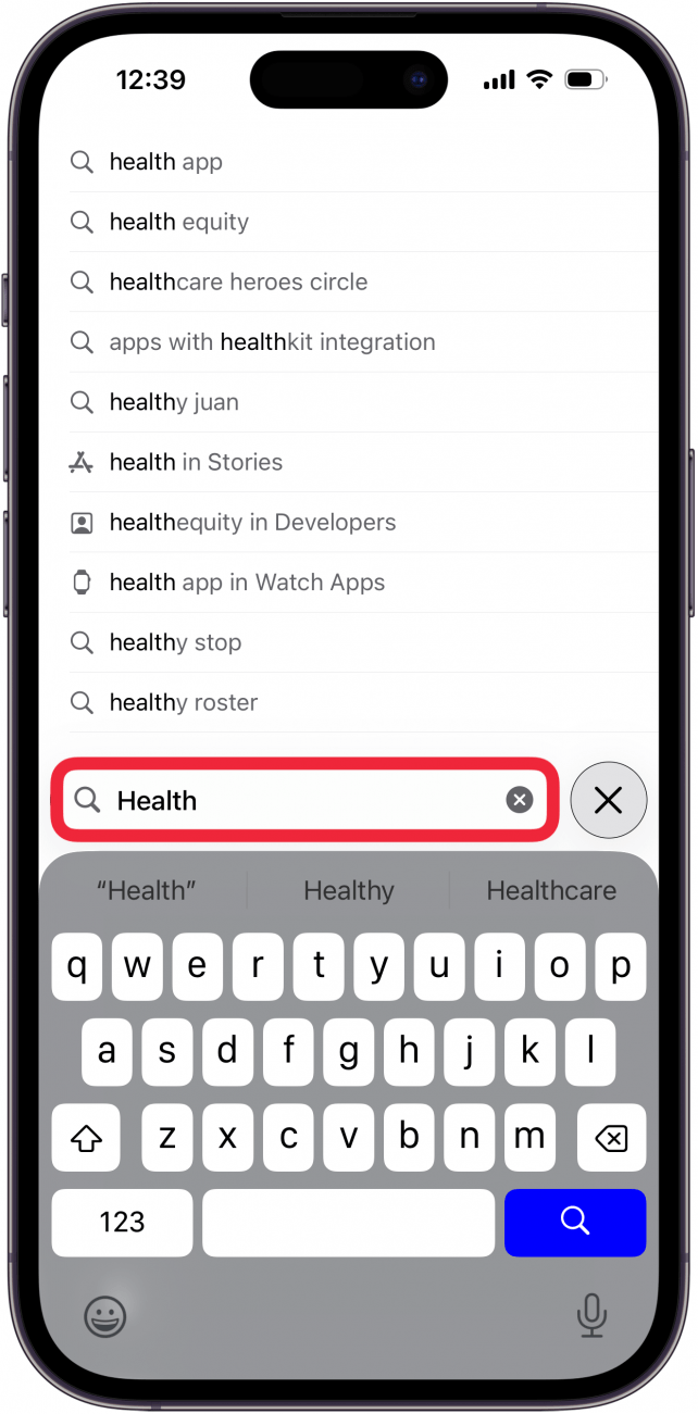 enter health app in App Store search bar enter health app in App Store search bar