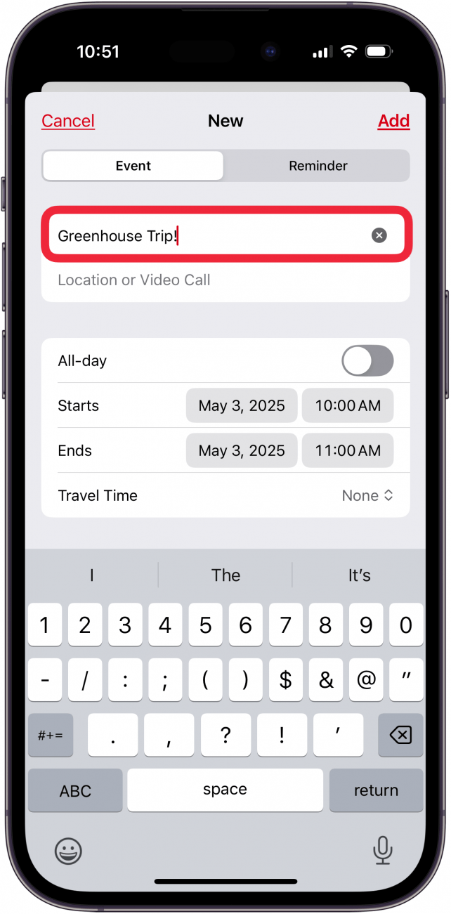 enter name of new apple family calendar event