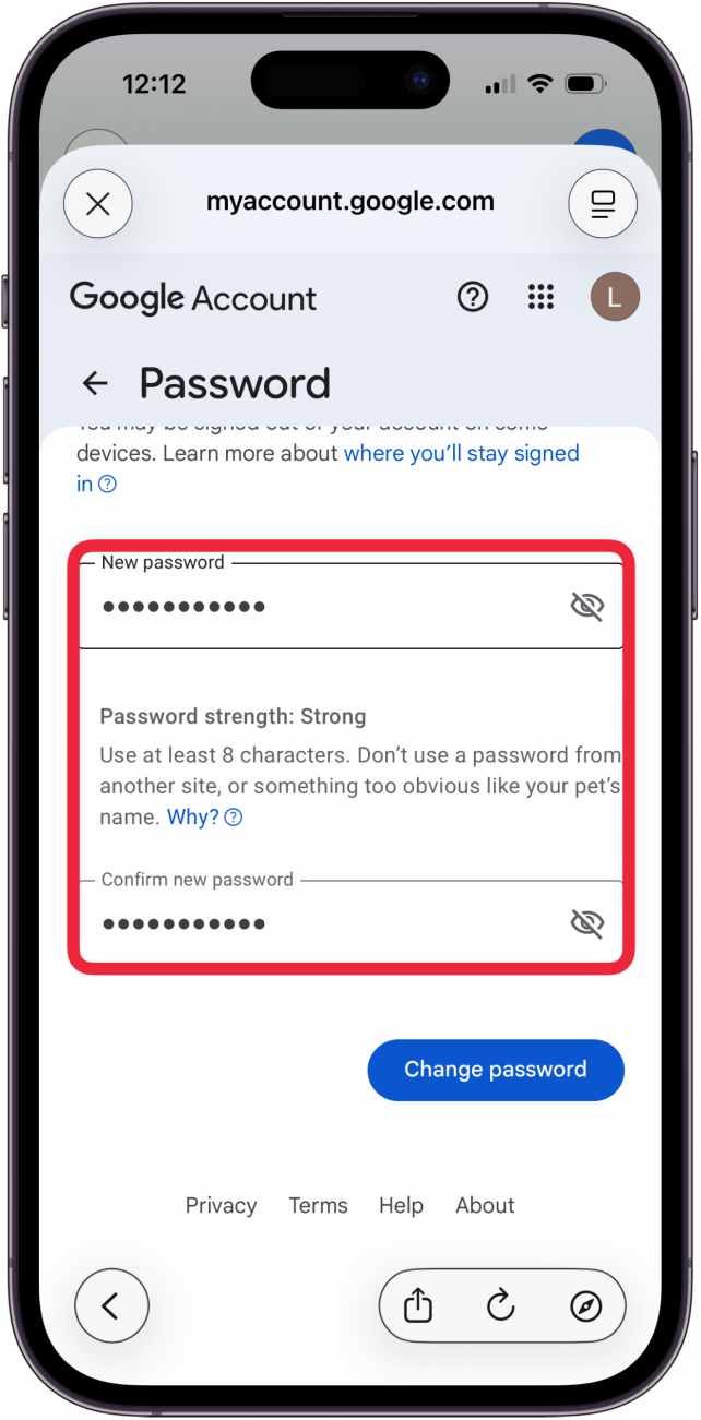 enter new password and confirm password