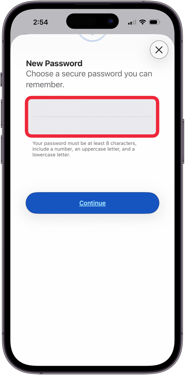 enter new password and tap continue