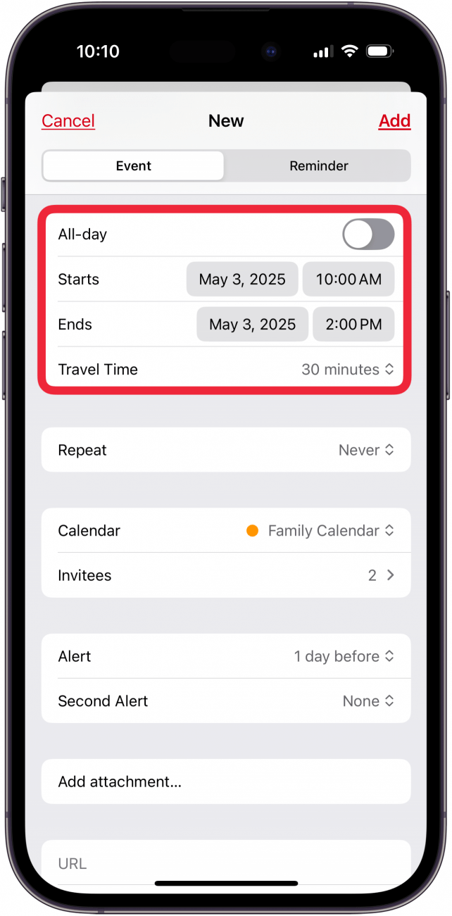 enter start and end time for apple family calendar event