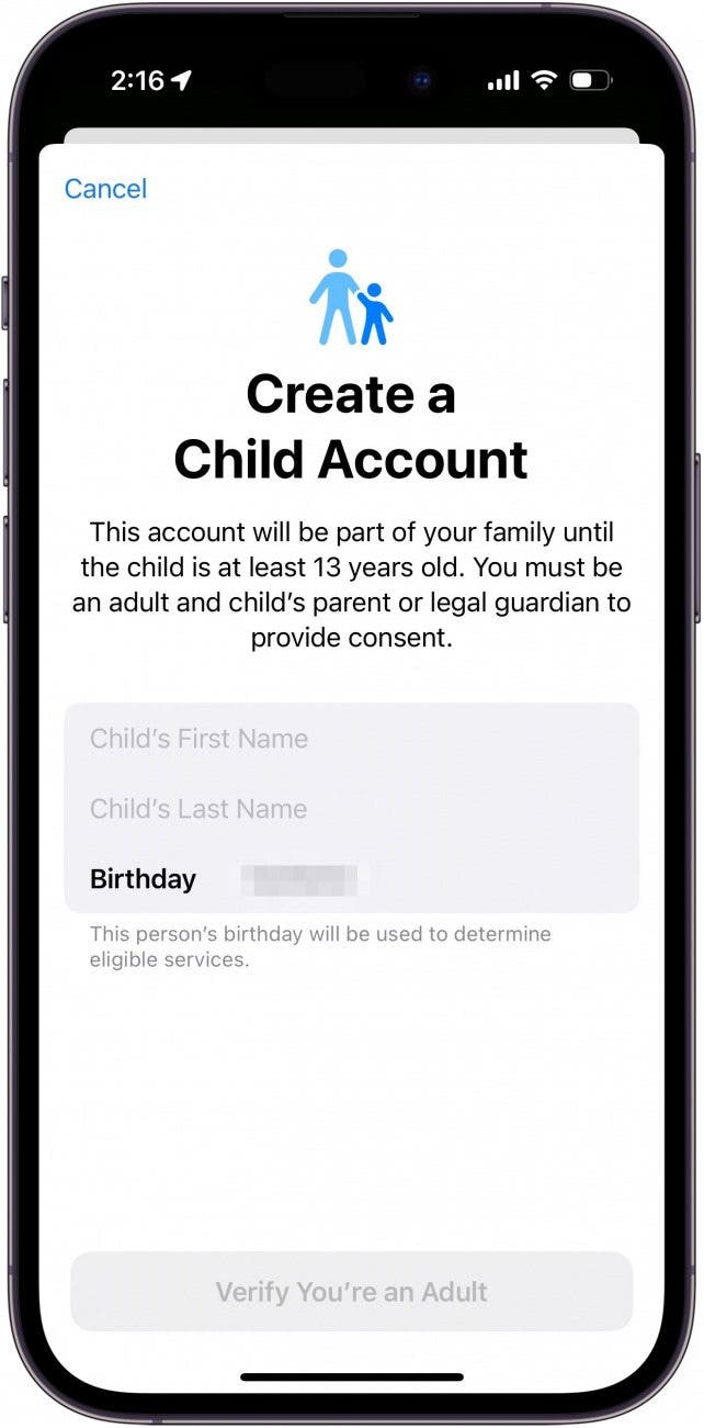 enter the child's name and birthday