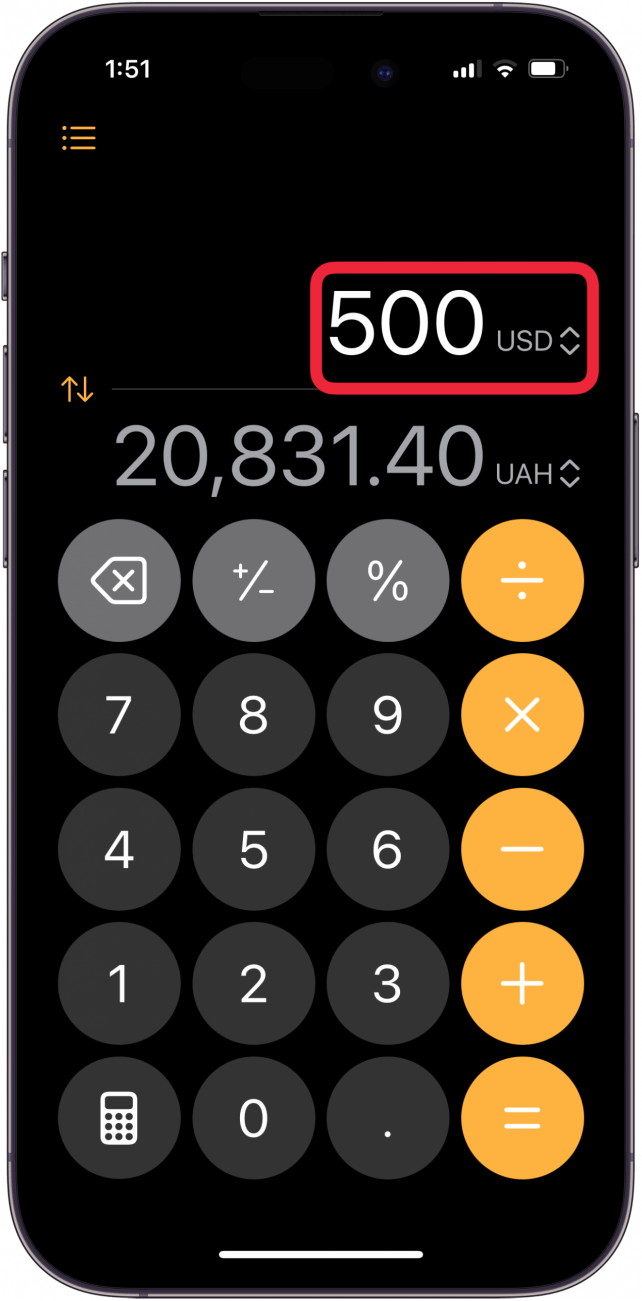 enter unit converters amount in top field