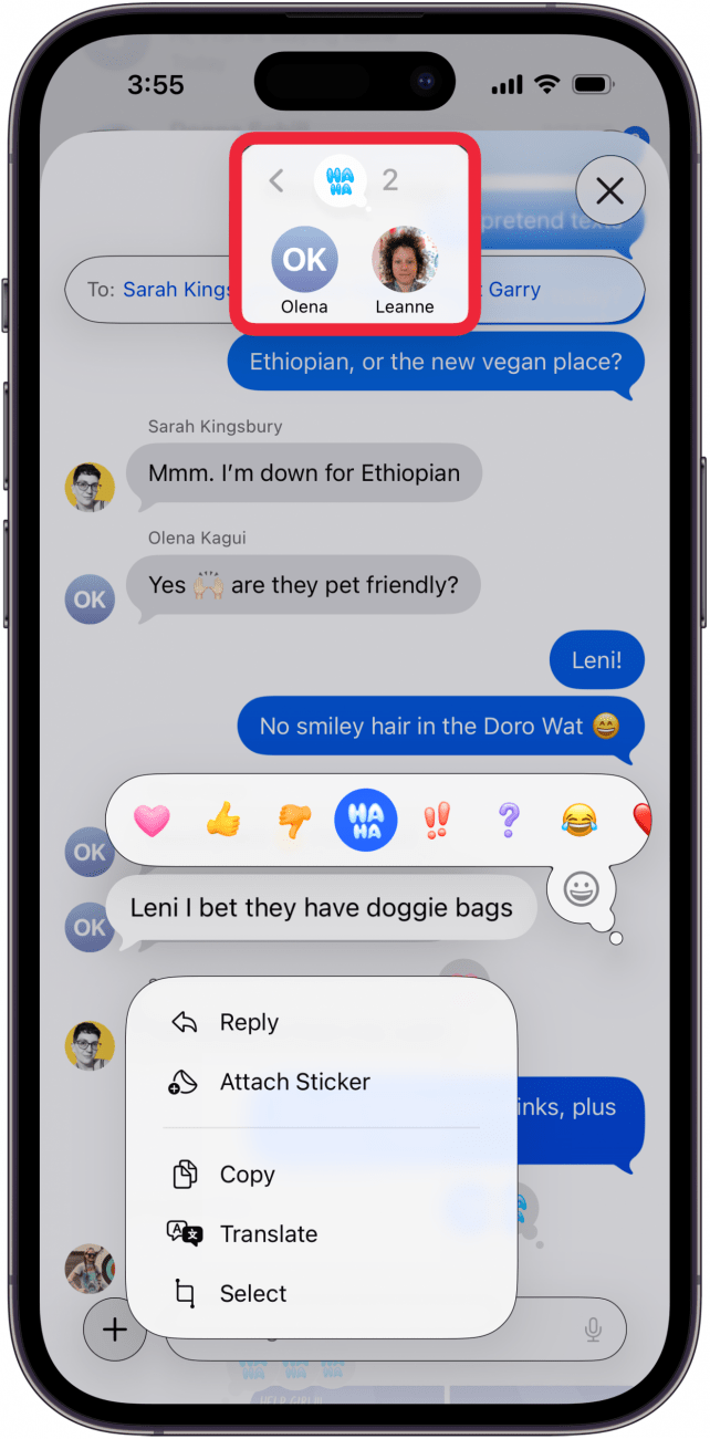 expanded group text message reactions