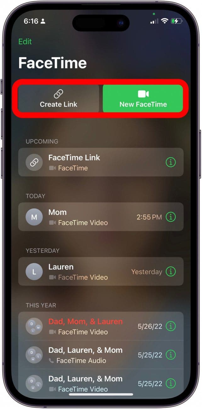 Choose from the list of previous calls, choose Create Link to schedule a meeting or FaceTime with Android users, or New FaceTime and begin a new video call.